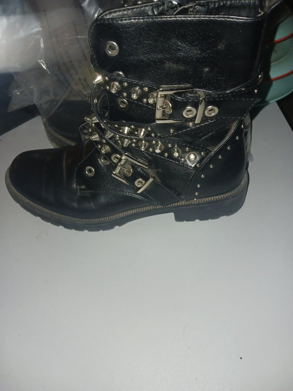 Black Studded Buckle Moto Boots Size 7 Punk Rock Biker Style